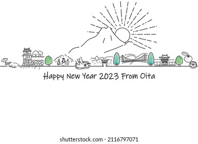 hand drawing cityscape OITA prefecture new year card 2023 template