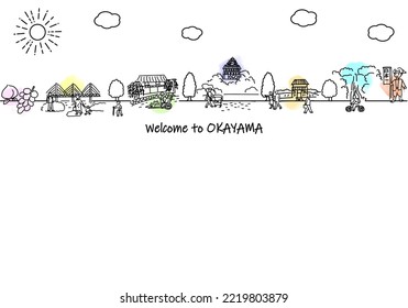 hand drawing cityscape OKAYAMA and people illustration