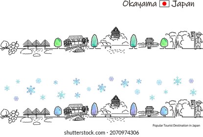 hand drawing cityscape OKAYAMA 
 prefecture in Winter