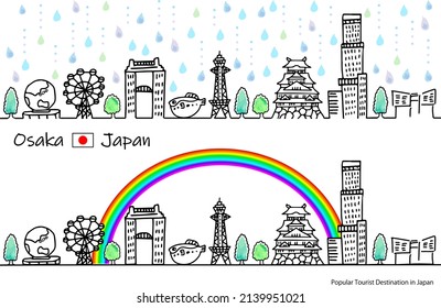 hand drawing cityscape OSAKA  Japan in Rainy season illustration set