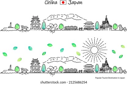 dibujo a mano de la prefectura de paisajes urbanos CHIBA en verano con el conjunto de ilustraciones SUN