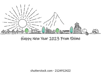 hand drawing cityscape prefecture EHIME new year card 2023 template