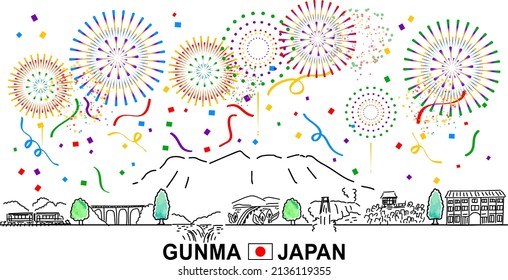 hand drawing cityscape prefecture GUMNA and fireworks with confetti