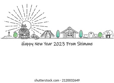 plantilla de tarjeta de año nuevo SHIMANE 2023 de la prefectura de paisajes urbanos de dibujo a mano