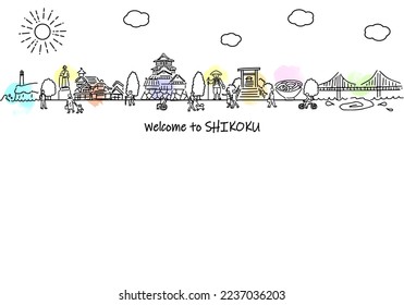 hand drawing cityscape SHIKOKU and people illustration, vector