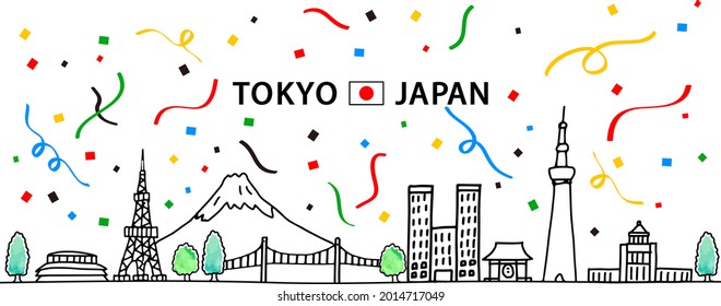 hand drawing cityscape TOKYO Japan and confetti