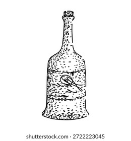 Hand drawing of a classic wine bottle, featuring a rustic engraved style and a textured label, perfect for representing beverages, alcohol, celebration, and vintage drink concepts