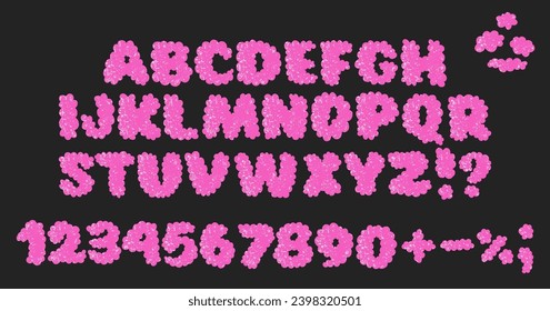 Hand Drawing Cloud Textured Alphabet. Cartoon Letters in simple kids drawn style. Trendy Retro Y2k Bubble alphabet set. Funny Childish Latin Font. Vector Illustration in pink color
