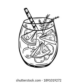 Hand drawing cocktail with lemon slice and rosemary. Black color engraving style. Fresh summer drink. For bar menu vector illustration.