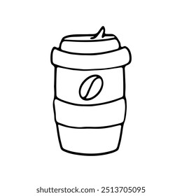 Dibujo a mano de una taza de café con un icono de grano de café en la parte delantera.