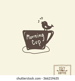 Hand drawing coffee cup with bird vector.