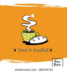 Hand drawing coffee cup with bread logo vector.