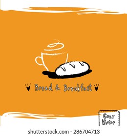Hand drawing coffee cup with bread logo vector.