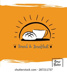 Hand drawing coffee cup with bread logo vector.