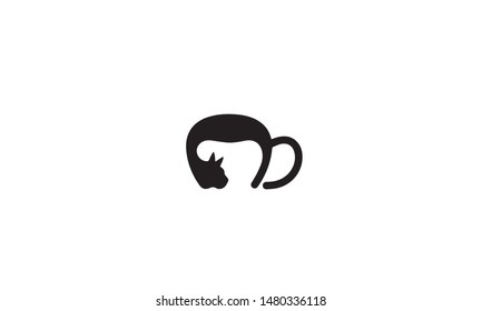 Hand Drawing Coffee Cup With Cat Logo Vector.
