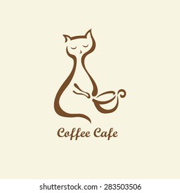Mão desenhando xícara de café com gato logotipo vetor.