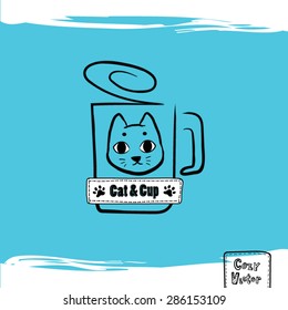 Hand drawing coffee cup with cat face logo vector.