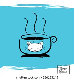 Hand drawing coffee cup with cat face logo vector.