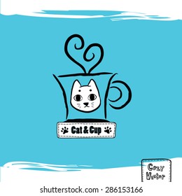 Hand drawing coffee cup with cat face logo vector.