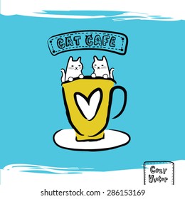 Hand drawing coffee cup with cat logo vector.