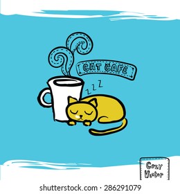 Hand drawing coffee cup with cat logo vector.