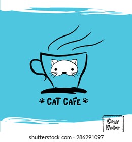 Hand drawing coffee cup with cat face logo vector.