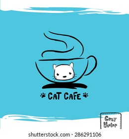 Hand drawing coffee cup with cat face logo vector.