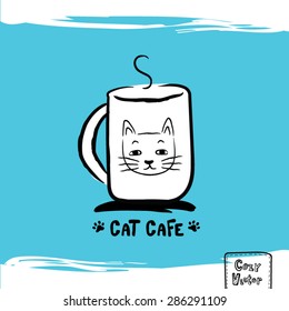 Hand drawing coffee cup with cat face logo vector.