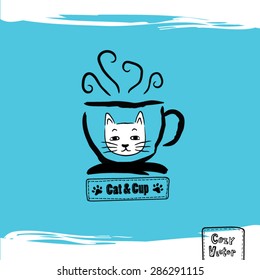 Hand drawing coffee cup with cat  face logo vector.