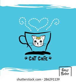 Hand drawing coffee cup with cat face logo vector.