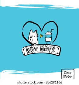 Hand drawing coffee cup and cat logo vector 