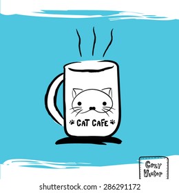 Hand drawing coffee cup with cat face logo vector.