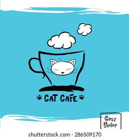 Hand drawing coffee cup with cat face logo vector.