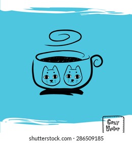 Hand drawing coffee cup with cat face logo vector.