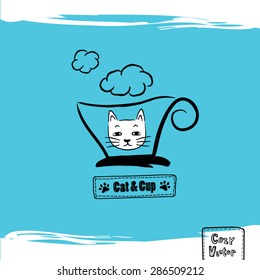 Hand drawing coffee cup with cat face logo vector.
