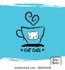 Hand drawing coffee cup with cat face logo vector.