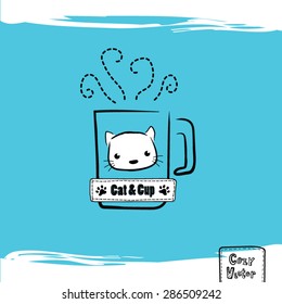 Hand drawing coffee cup with cat face logo vector.