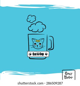 Hand drawing coffee cup with cat face logo vector.