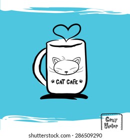 Hand drawing coffee cup with cat face logo vector.