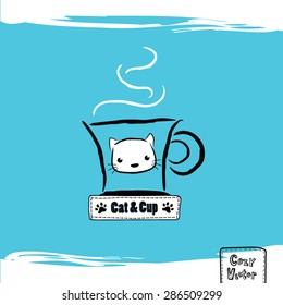 Hand drawing coffee cup with cat face logo vector.