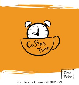 Hand drawing coffee cup with clock logo vector.