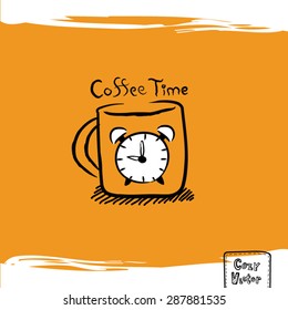 Hand drawing coffee cup with clock logo vector.