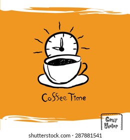 Hand drawing coffee cup with clock logo vector.