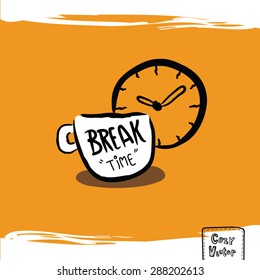 Hand drawing coffee cup with clock logo vector.