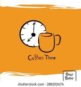 Hand drawing coffee cup with clock logo vector.