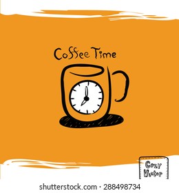 Hand drawing coffee cup with clock logo vector.