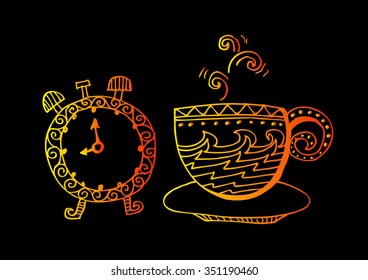 Hand drawing coffee cup with clock