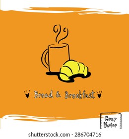 Hand drawing coffee cup with croissant logo vector.