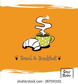 Hand drawing coffee cup with croissant logo vector.