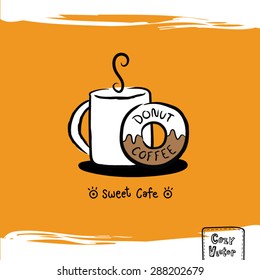 Hand drawing coffee cup with donut logo vector.